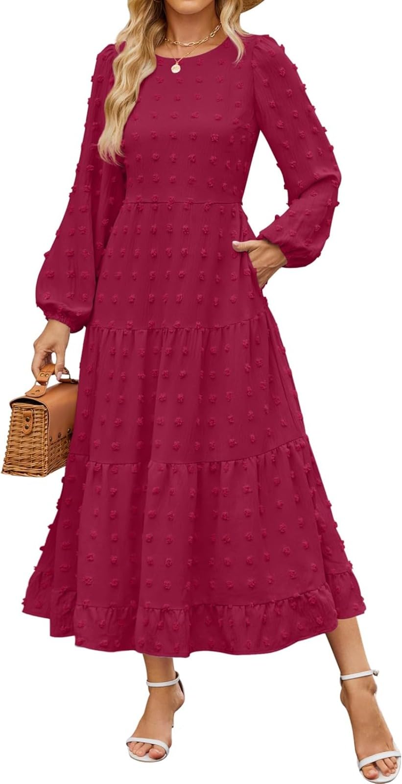 LLECDASEUI Women's Autumn Boho Midi Dress Swiss Dot Tiered Flowing Dress Long Sleeve Round Neck A-Line Wedding Guest Dress, wine red, S