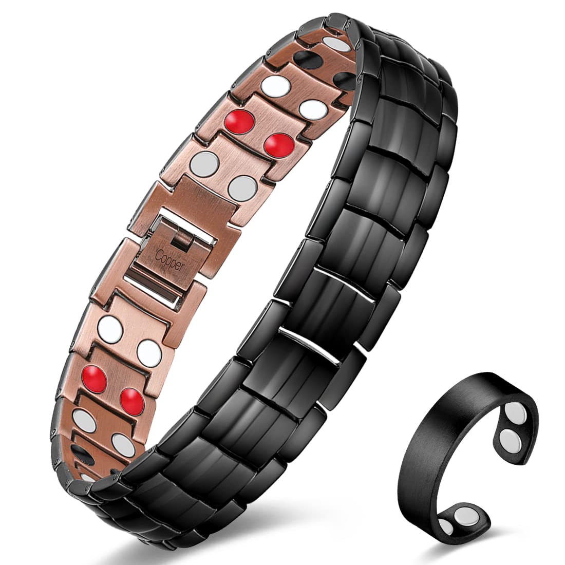 VicmagCopper Bracelet for Men Ultra Strength Magnetic Double Row 99.99% Pure Copper Adjustment Tool & Gift Box (Black 4 Elements)