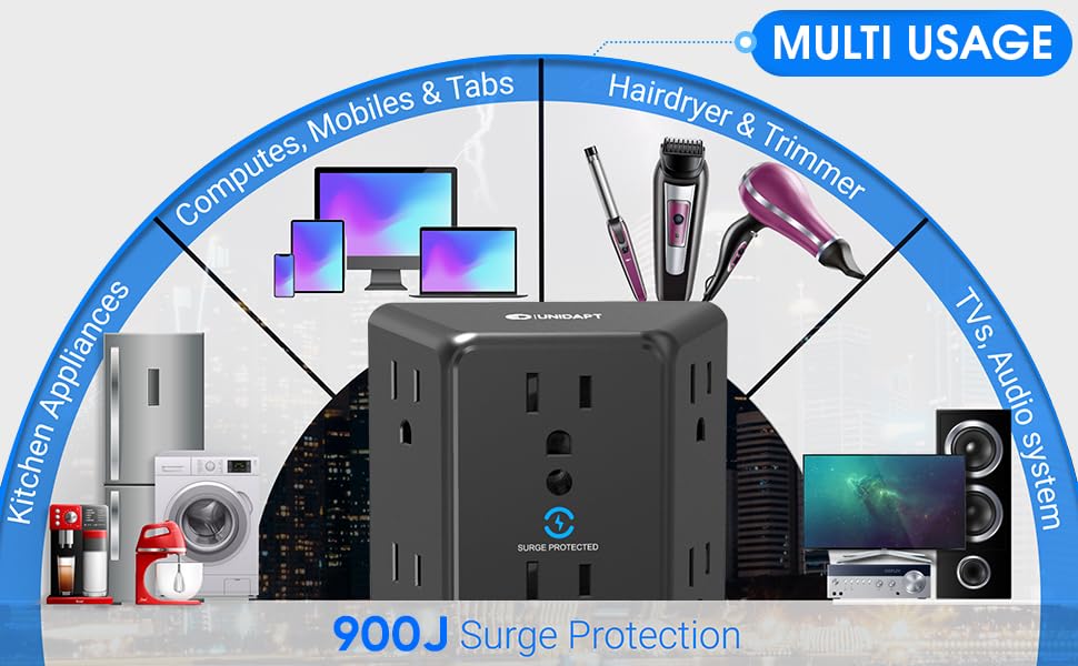 Unidapt Multi Plug Wall Outlet Extender, Protector contra sobrecarga 900J, 6 tomas, Negro miniatura 5