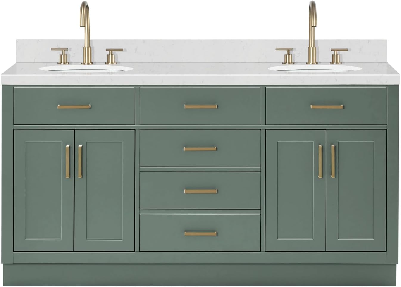 ARIEL Hepburn 66 Inch Double Oval Sink Bathroom Vanity with Carrara White Quartz Countertop 1.5 Inch in Vintage Green