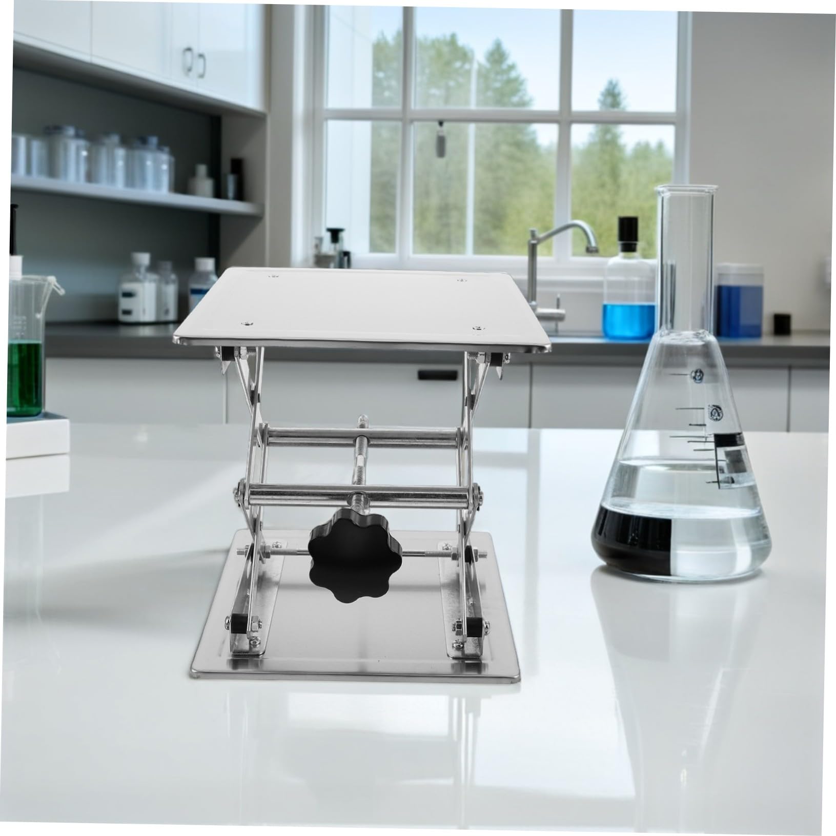 KOMBIUDA Plataforma Elevadora de Laboratorio Ajustable Gato de Mesa de Acero Inoxidable 200x200mm Soporte Manual para Experimentos Científicos