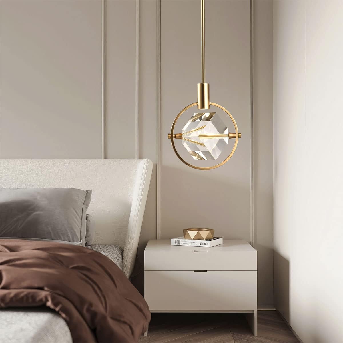Crystal Pendant Light Fixture, Modern Dimmable Pendant Kitchen Island Light, Matte Brass Small Chandelier Hanging Lighting with Cube Pendant for Dining Room Bedroom Bathroom