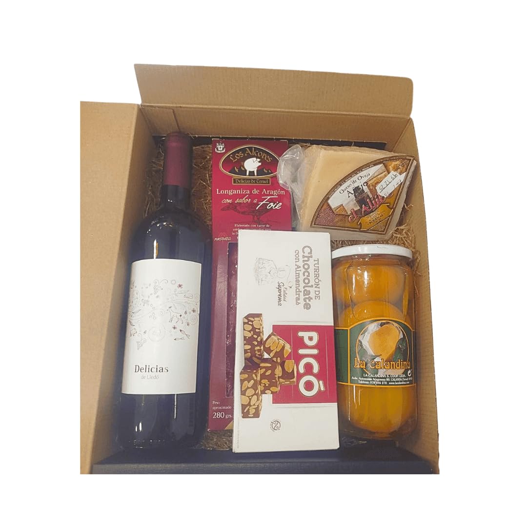 DEGUSTA TERUEL. Cestas de navidad para Regalo con Melocotón de Calanda en Almíbar, Queso Curado de Oveja al Romero de Albarracín y Botella de Vino tinto Delicias de Lledó - Lote Gourmet