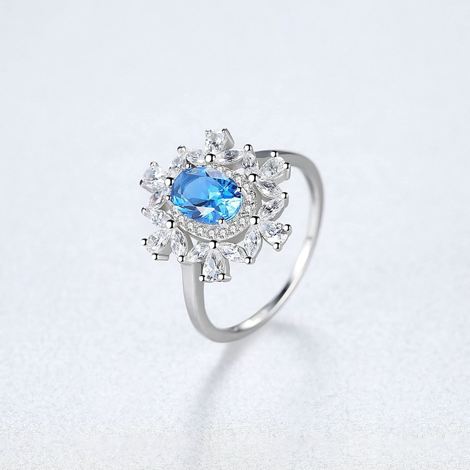 Verlobungsring für Damen, Ringe für Damen, Sterlingsilber, Blumen-Design, Saphir, weißer Zirkonia