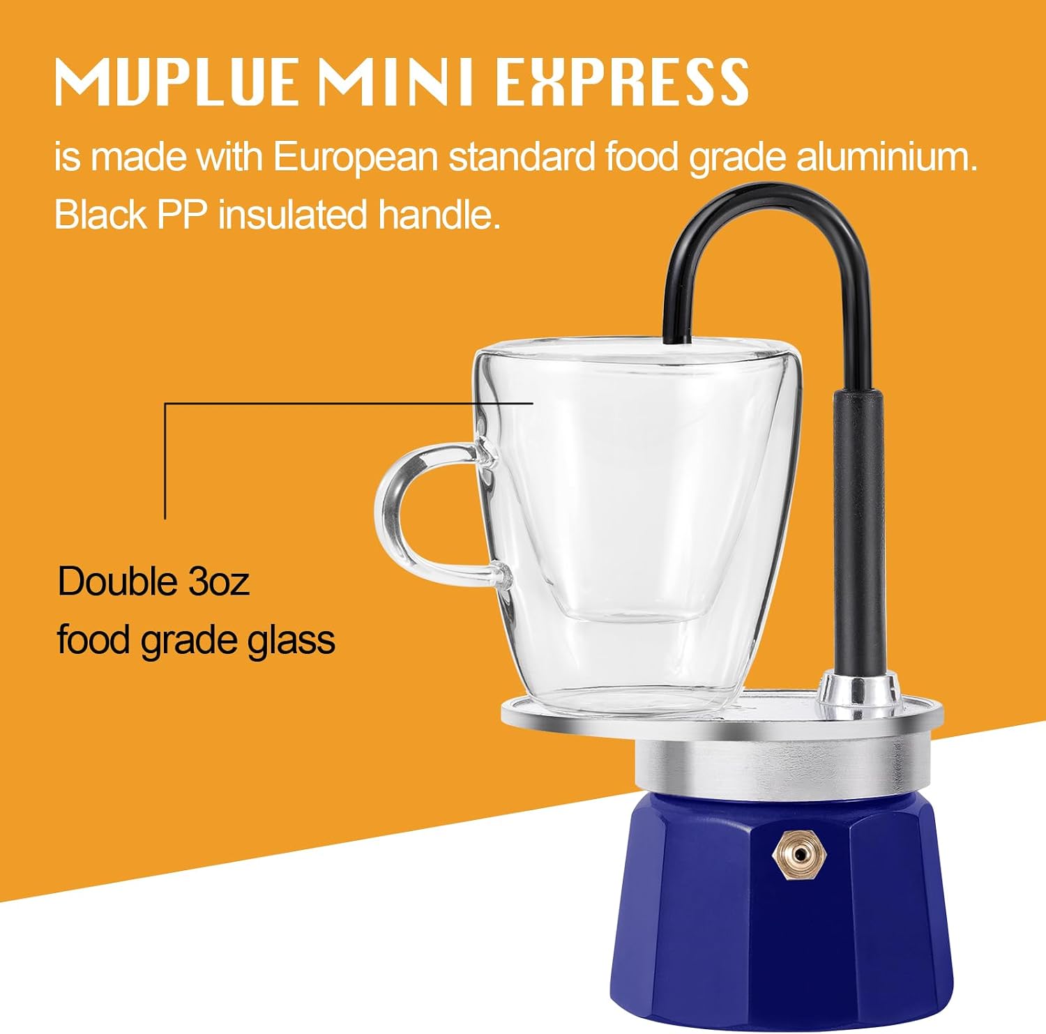 MVPLUE-Mini Express Swiss Single Tube Moka Pot Aluminum Blue，Moka Set includes One Double Wall 3oz Cup,Enjoy delicious coffee in no time
