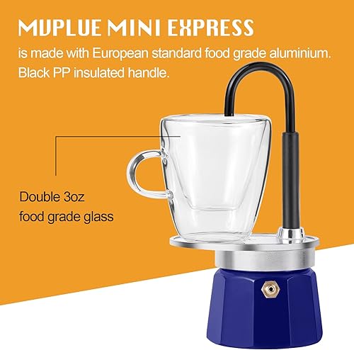 Miniatura 4 de -Mini Express Swiss Single Tube Moka Pot Aluminio Azul, El juego de moka incluye una taza de doble pared de 3 onzas, disfruta de un delicioso café