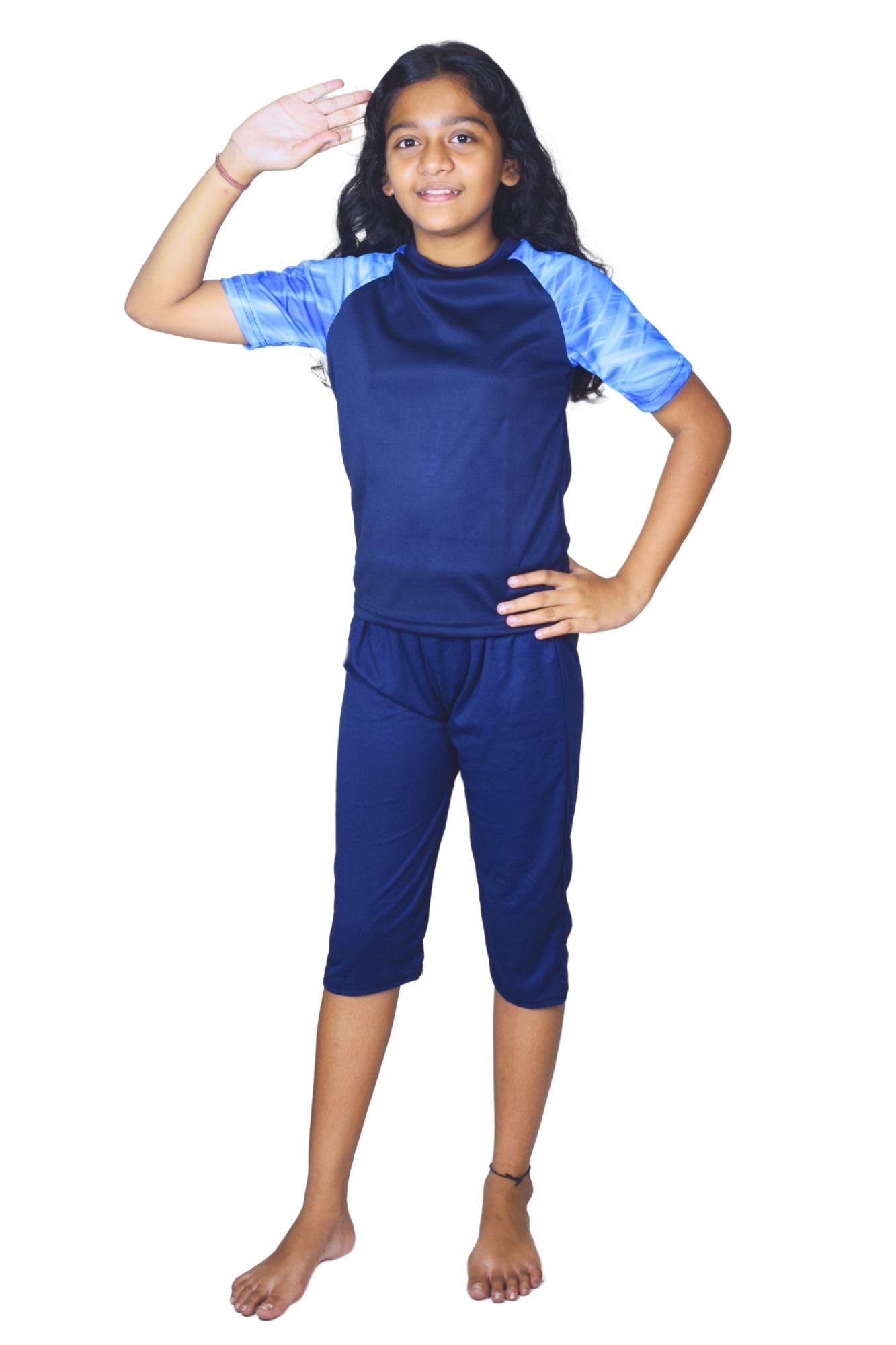 Aqua Holic Spandex Girls Regular Fit Bottom & Top Set | Swimwear | Adjustable, Quick Drying Capris for Swimming, Beach, Waterpark - Blue-image-32