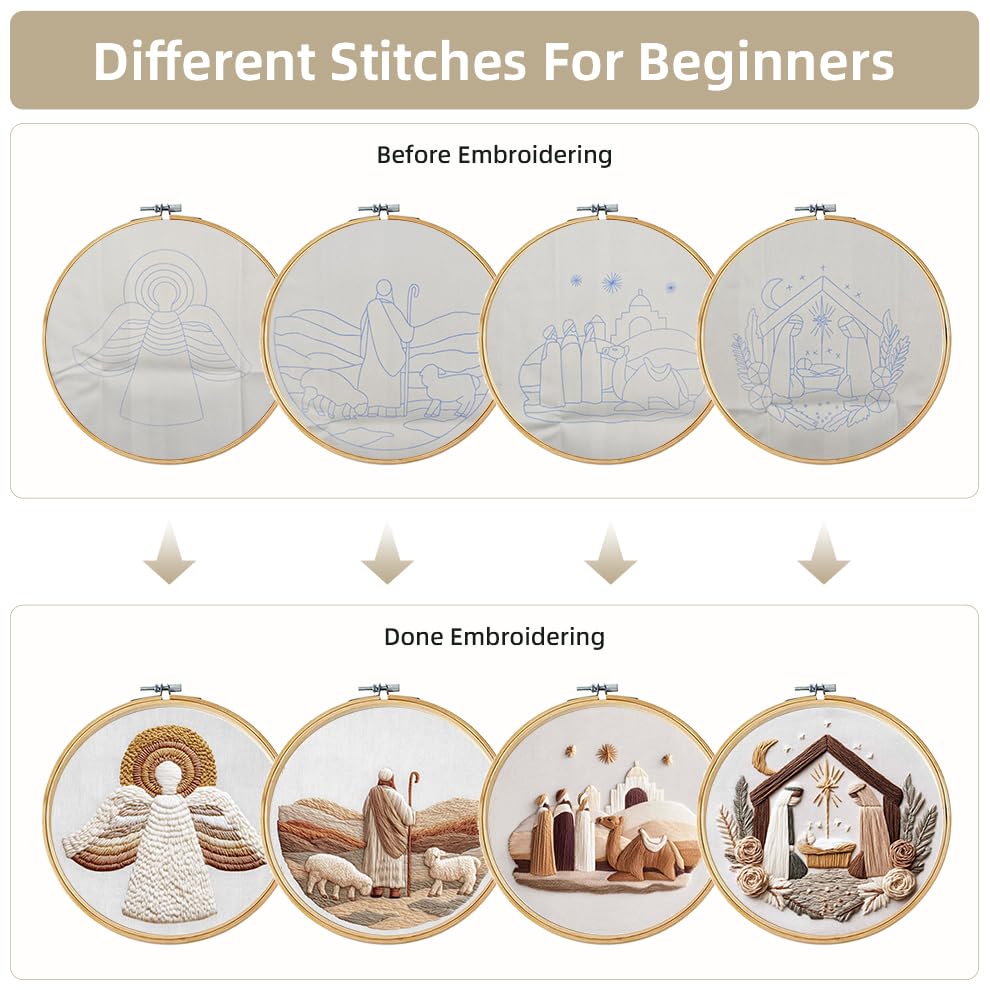 Image of KEKEMEOW 4 Pack Christmas Greetings Embroidery Starters Kit for Beginners Embroidery Starting Sets for Adults with Stamped Patterns Colorful Threads Step by Step Instructions Hoop Needles Tools