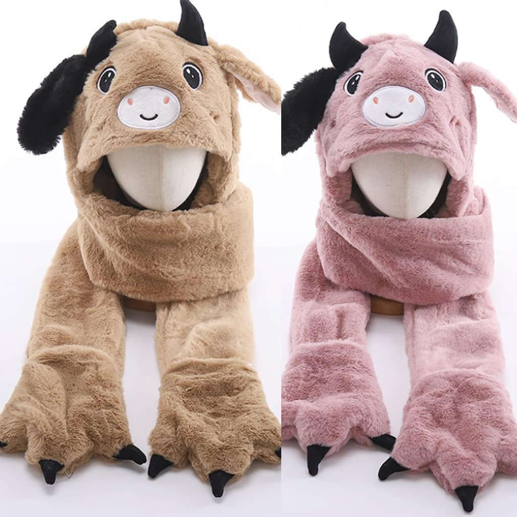 Scarf,Cow Plush Hat Scarf Gloves Mitten Ear for Beanie Hat in Cold Weather Coldproof for Winter Daily Wear Go to Scarf(Apricot)