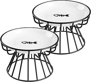 Cat Bowls, Elevated Cat Bowl, Raised Ceramic Dish with Metal Stand, Pet Water or Food Feeding Station for Indoor Cats, Kitten, Puppies and Small Dogs, Dishwasher Safe (Raised Cat Bowl(2 pack))