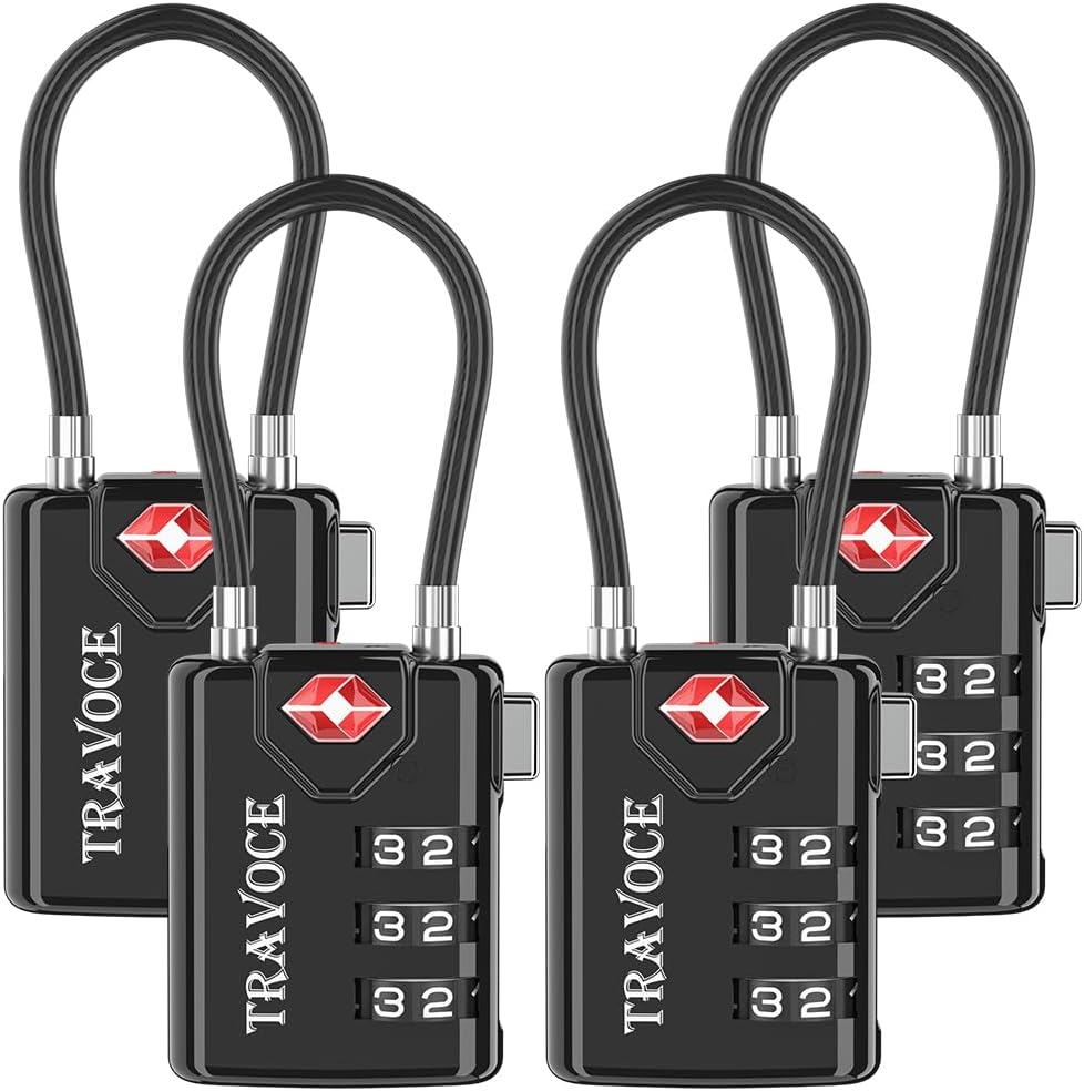TRAVOCE TSA Approved Luggage Locks - Heavy Duty 3 Digit Combination Cable Lock, Search Alert for Suitcases, Backpacks, Golf Bags, Tents, Violin and Camera Cases, 4 Pack, Black