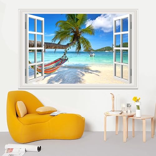 Miniatura 3 de Pintura autoadhesiva 3D, calcomanías de pared falsas para ventana, isla tropical con palmeras, mural de pared, vista de ventana, decoración de pared