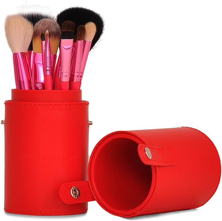 Professional 12 PCS Red Cosmetic Makeup Brush Set with Leather Cup Holder