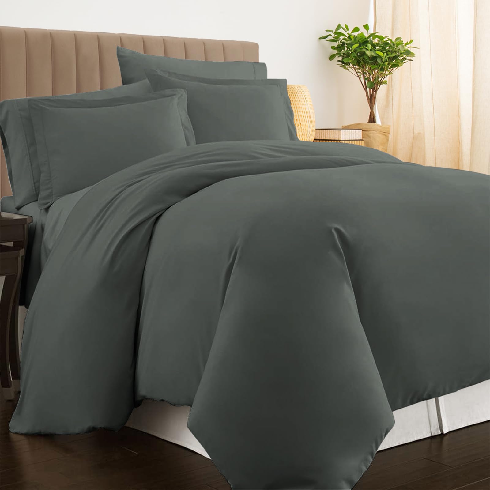 Pizuna Dark Grey Luxurios Cotton Double Duvet Cover Set 800 Thread Count 100% Long Staple Cotton Double Size Duvet Cover 200X200cm, Soft Sateen Quilt Cover With Button Closure (Double Duvet Cover)