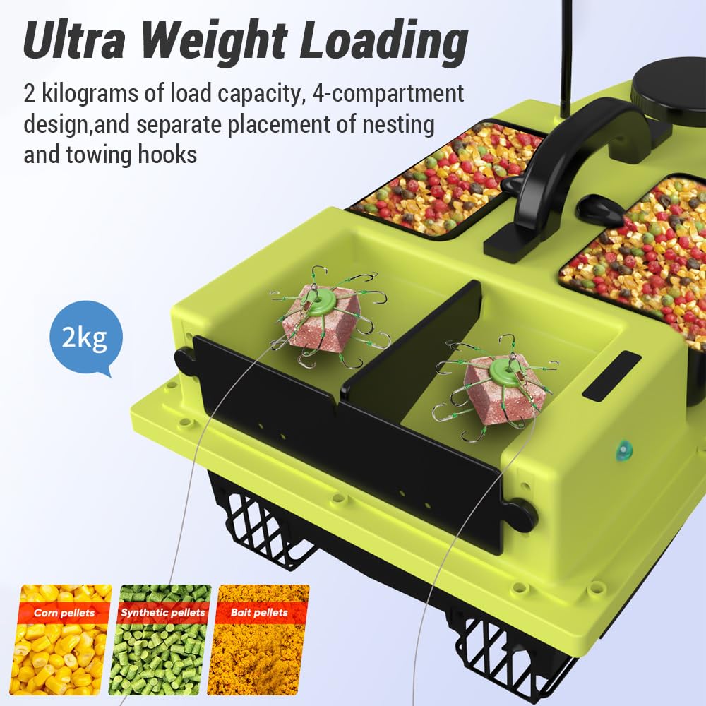 Matybobe RC, 500 m, telecomando senza fili, barca per esche da pesca, barca per feeder con 4 contenitori per esche, portata 2 kg