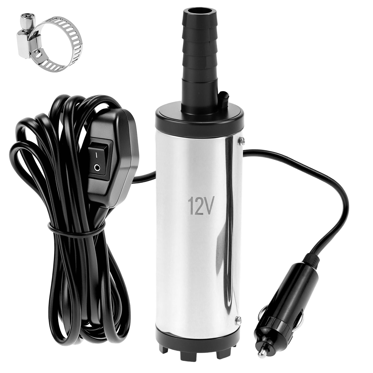 QWORK® 12V Water Pump 38MM, Diesel Pump with Cigarette Lighter Plug, Stainless Steel, 3M Power Cord, for Diesel, Kerosene, Water