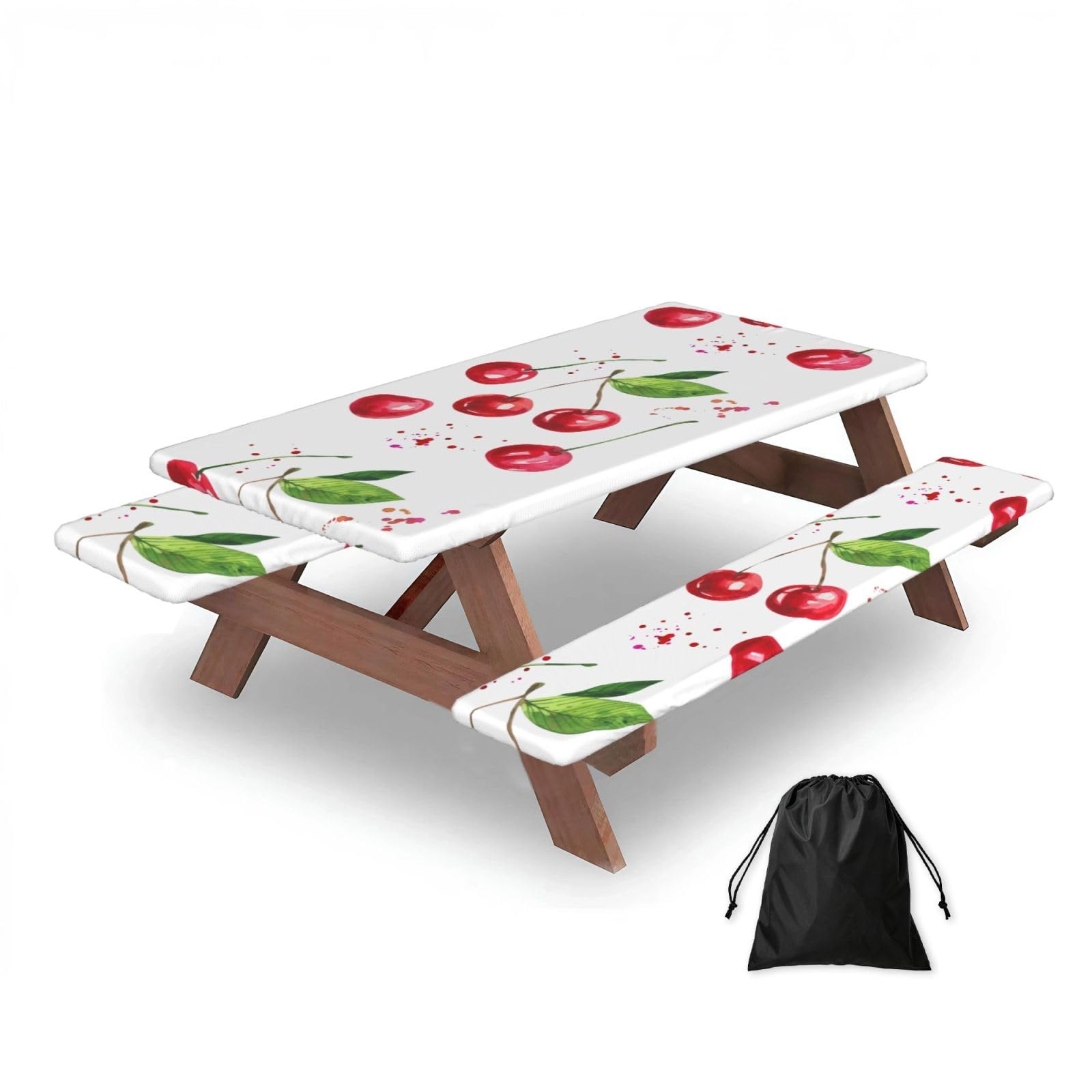 Cute Cherry Printed, Picnic Table Cover With Bench Covers -Waterproof Elastic Fitted Tablecloth for Garden Camping Patio 76x152cm