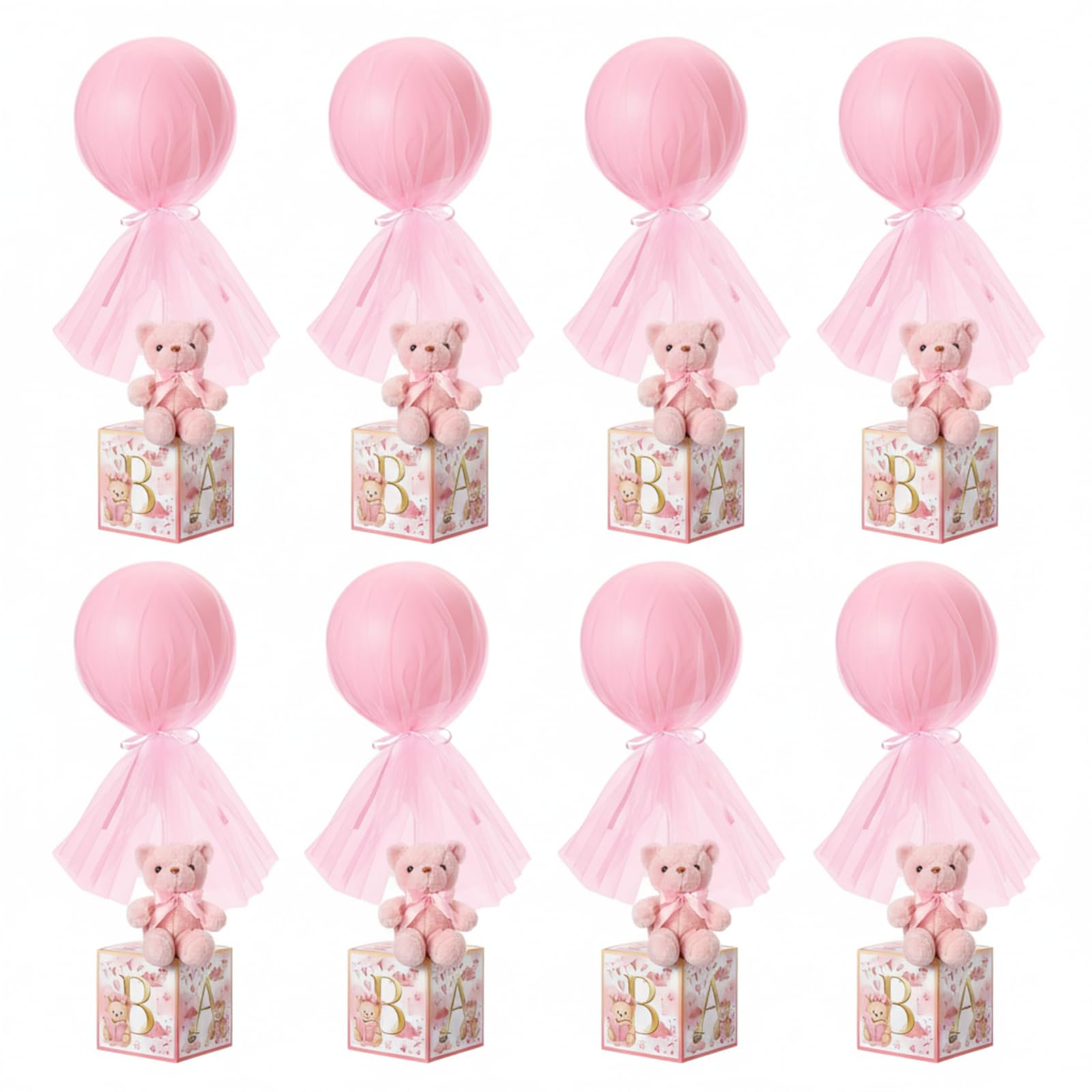Outus 8 Sets Rosa Bär Babyparty Dekorationen mit Buchstaben Boxen für Babyparty Tisch Mittelstücke Stoffbären Ballon Rosa Boxen mit Ständer Bär Plüschtier Bären für Geschlecht Enthüllung Geburtstag