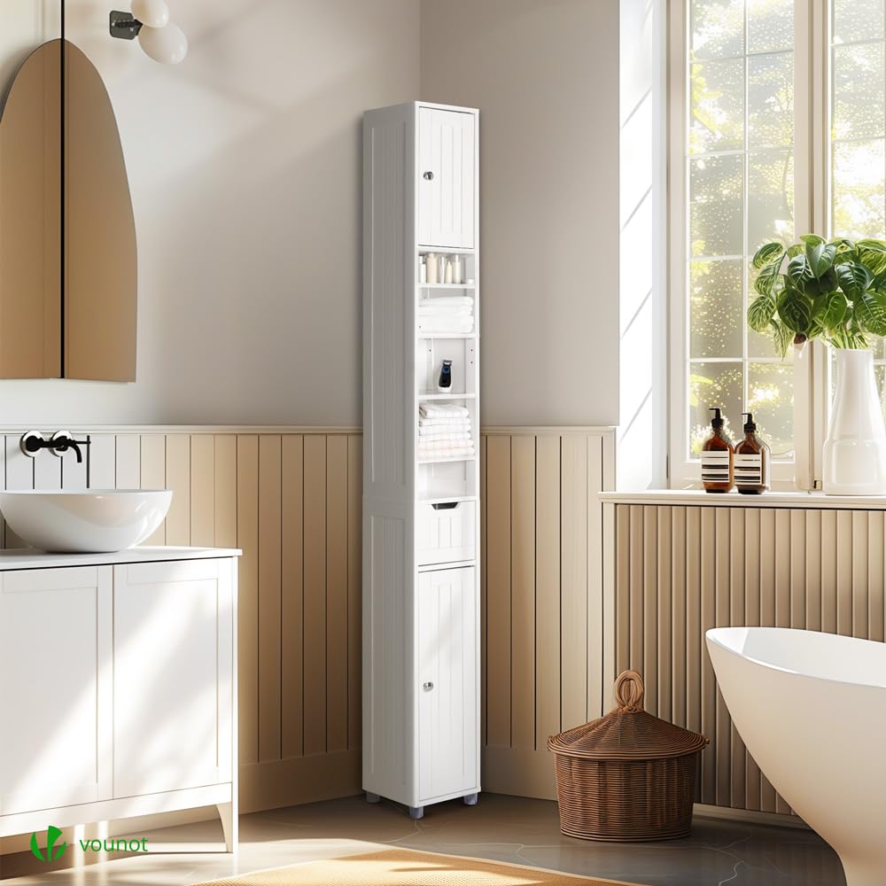 VOUNOT® Armario para Baño Alto Mueble Columna de Baño, Estanterías con 2 Puertas y 1 Cajón, Estantes Ajustables Espacio Abierto, Mueble Auxiliar de Almacenaje para Salón Dormitorio, 20x20x180cm,Blanco