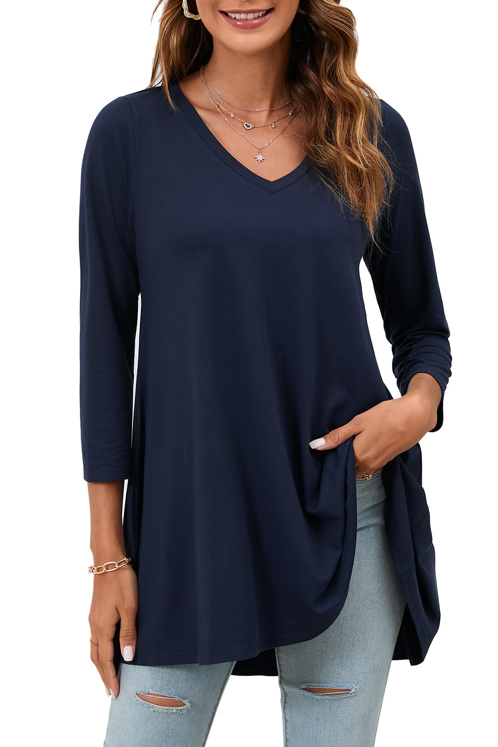 Enmain Camisa Mujer Talla Grande Túnica Blusa Cuello V 3/4 Manga Larga Elegante Cómoda Casual Sólidos/Estampadas para Túnica Mujeres