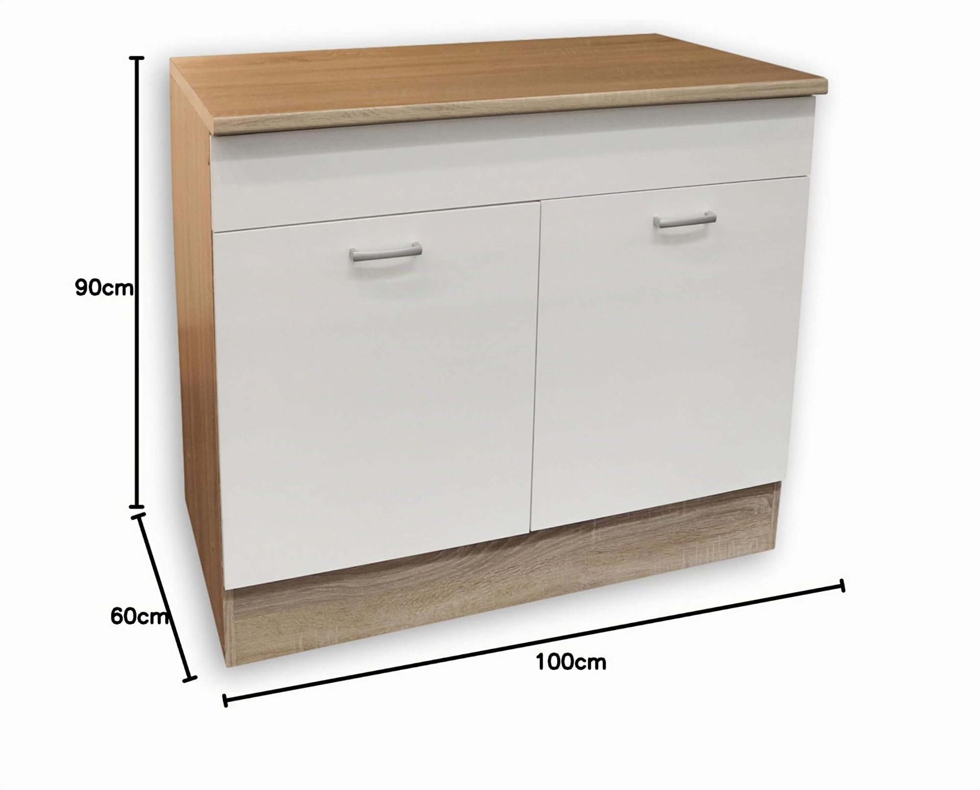 Stella Trading contemporáneo mueble bajo fregadero de cocina con acabado en roble Sonoma y blanco mate, Amplio mueble con mucho espacio de almacenamiento, 100 x 90 x 60 cm (ancho/alto/profundo)