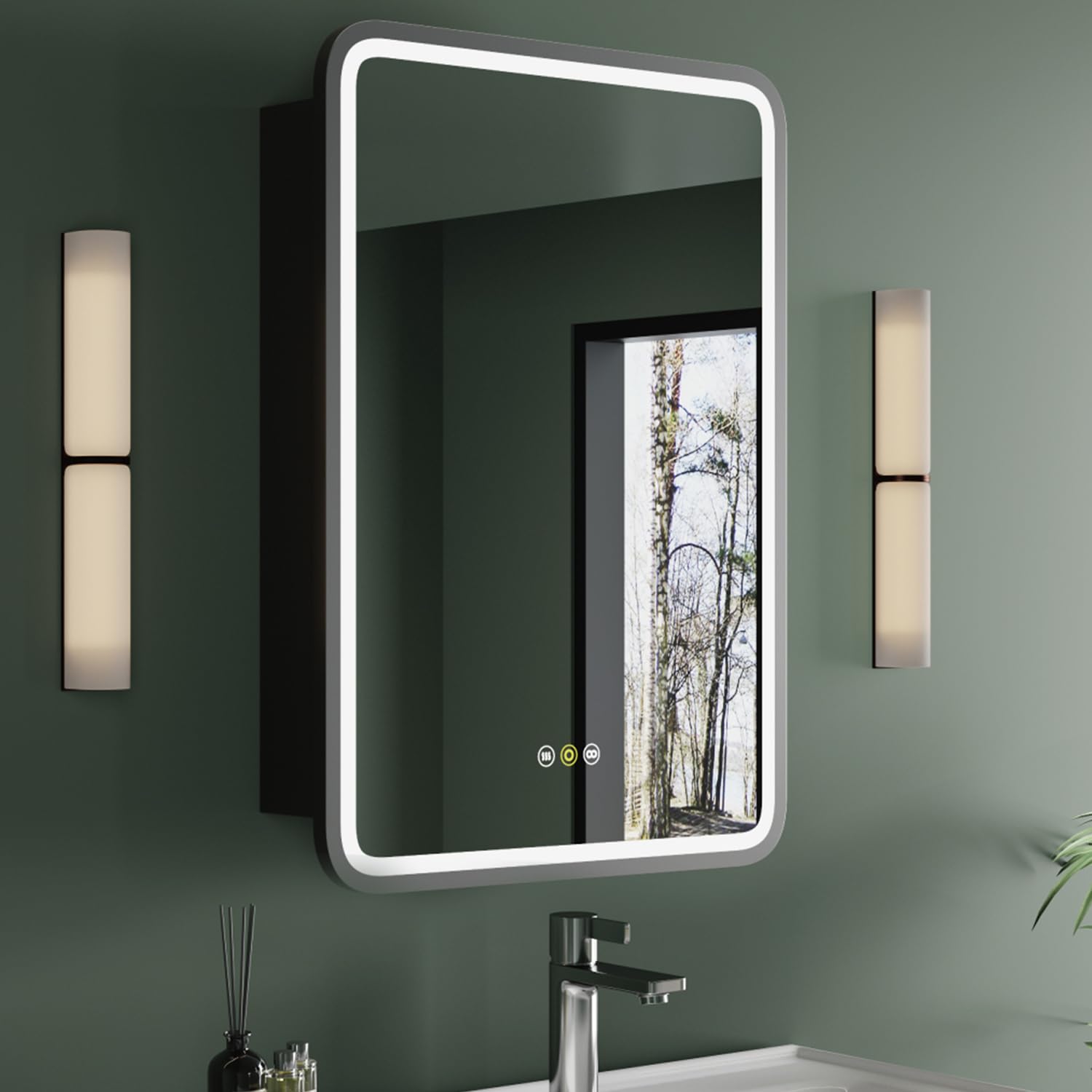 HBEZON Medicine Cabinet with LED Lights and Mirror, 16W x 28H Inch Wall or Recessed Mounted Bathroom Cabinet with Right Hinge, Storage Shelf, Defogger, Memory Function, 3-Color Mode, Dimmer, Black