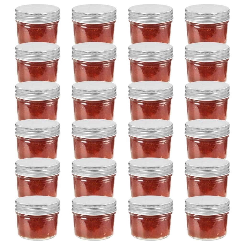 Tarros de mermelada con tapa plateada, 24 unidades de 110 ml, tarros para conservas, salsas, salsas y almacenamiento, herméticos, sin goteo, ideales para cocina y mesa de desayuno
