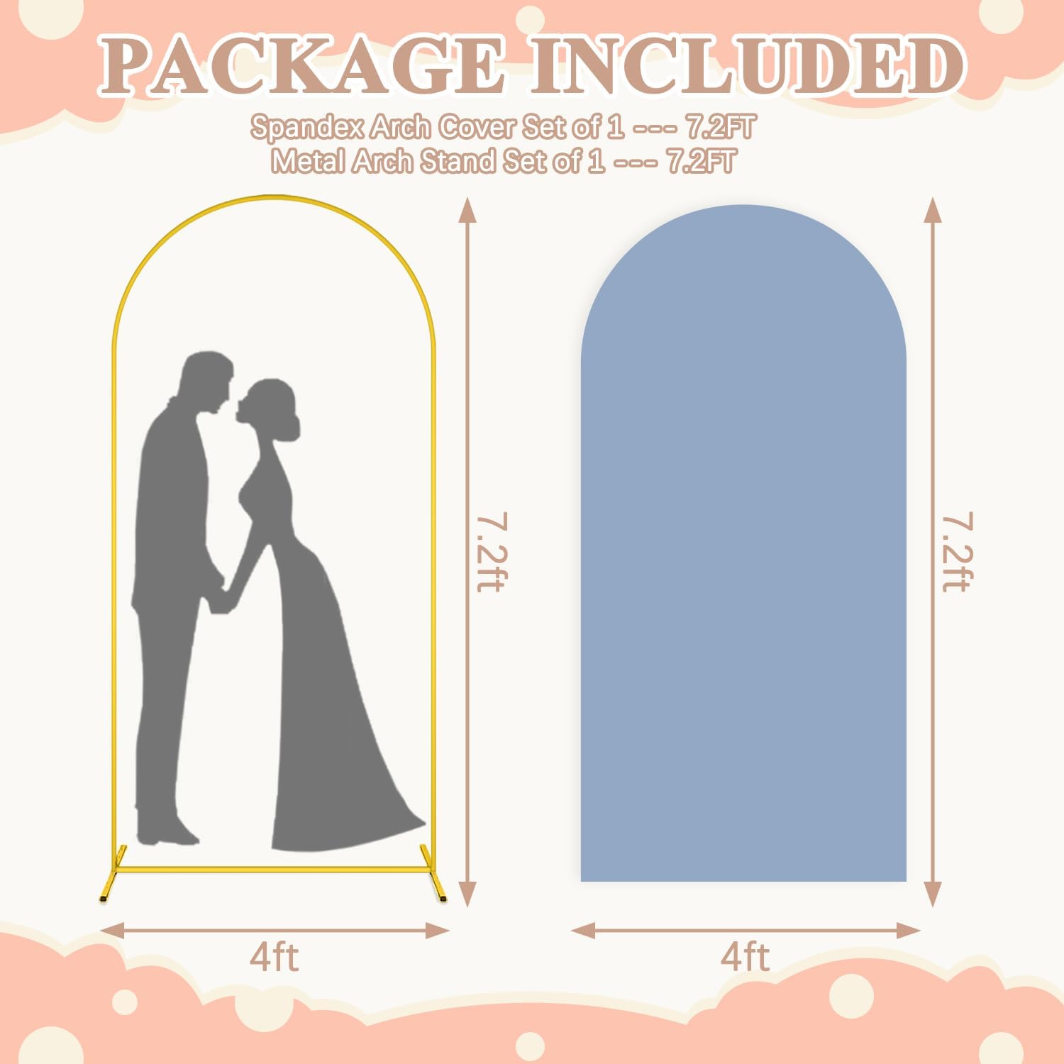 7.2 FT Wedding Arch Backdrop Stand and Dusty Blue Arch Cover Set Metal Arch Stand with Spandex Arch Stands Cover Party Backdrop Gold Wedding Arches for Ceremony Birthday Baby Shower Decor