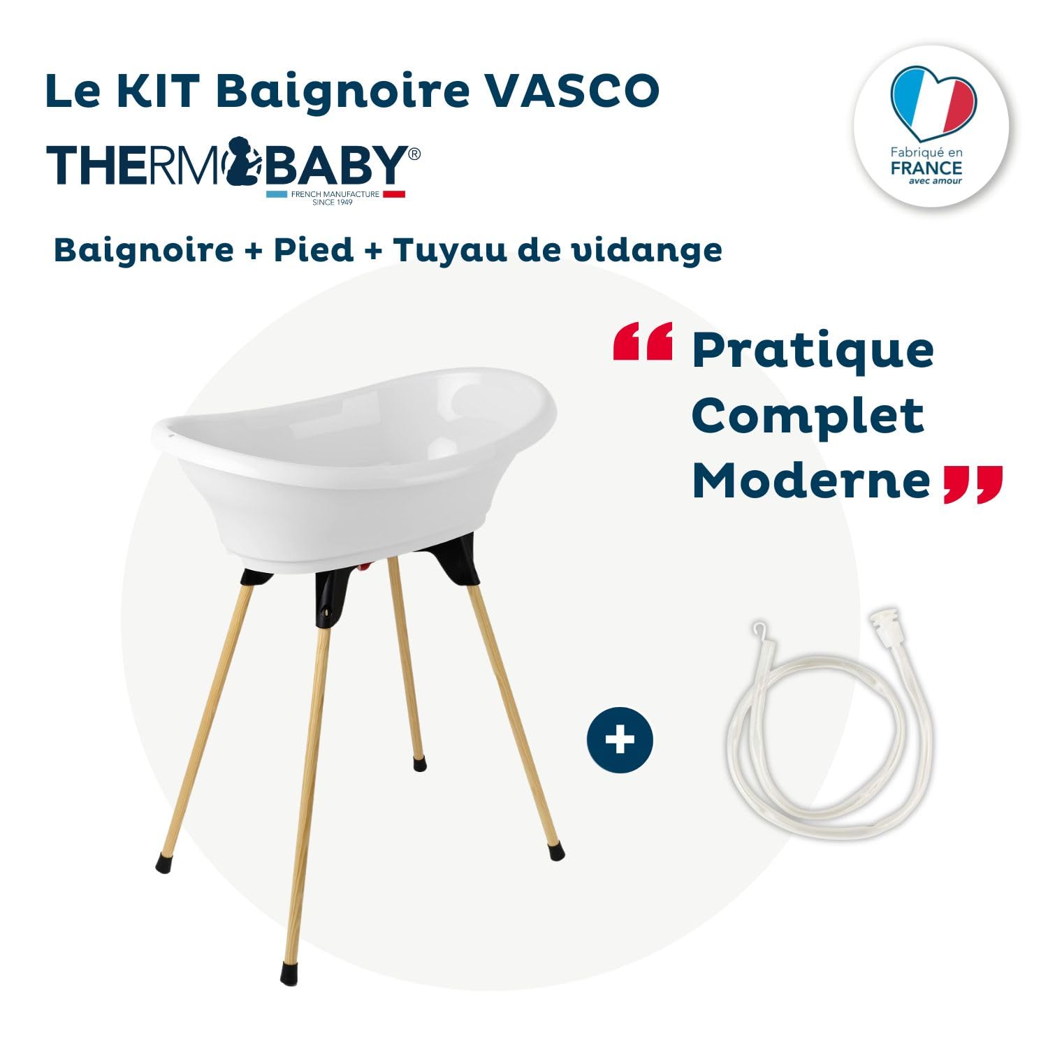 THERMOBABY Vasco Baignoire Bébé Pliable avec Pied en Bois et Tuyau de Vidange - Blanc Muguet