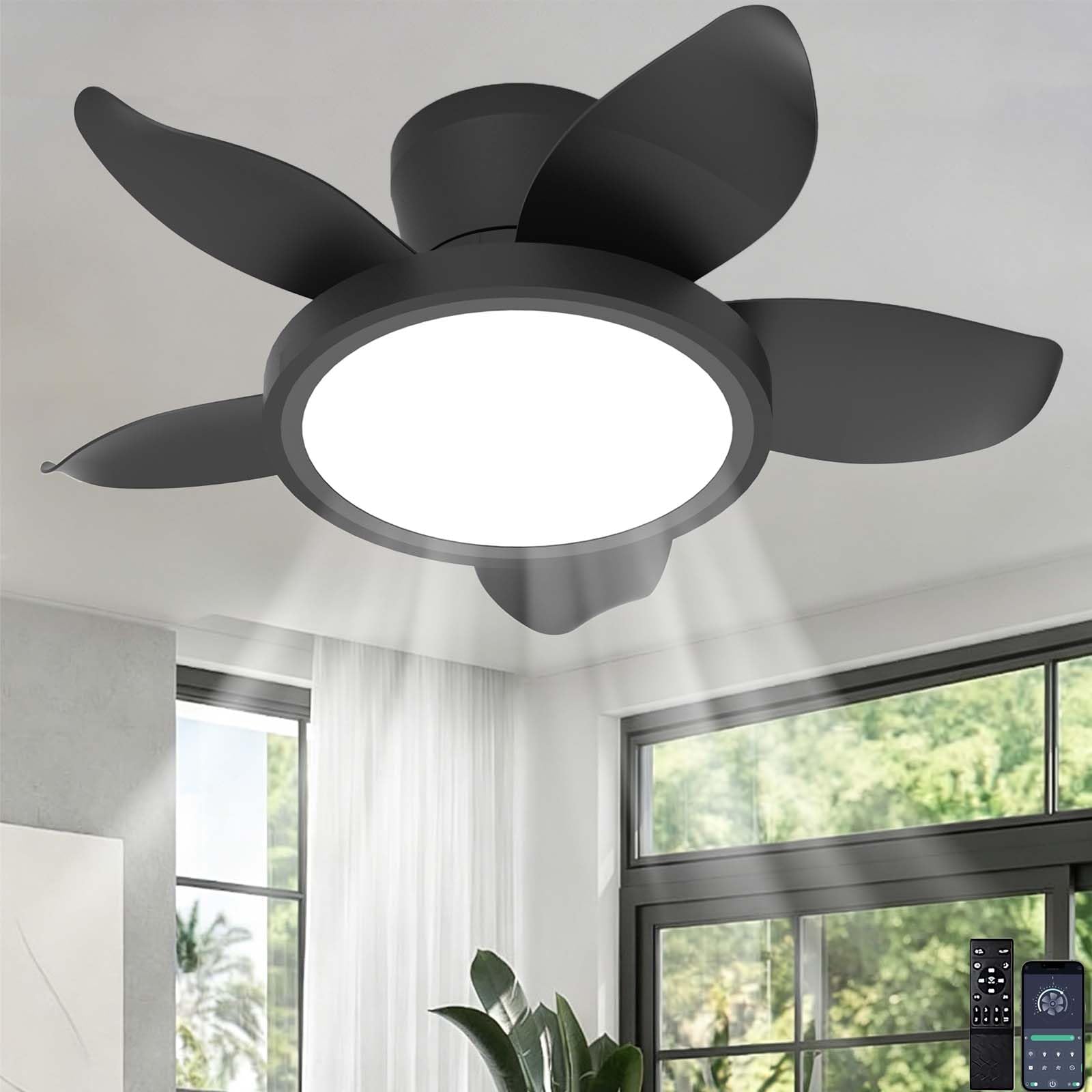 ZOMLBOF 5 Blade Ceiling Fans with Lights 6 Speed Reversible Dimmable Silent Fan Light with Remote Control APP Control Timer Function Light Fan Ceiling Suitable for Dining Room Bedroom，Black-25