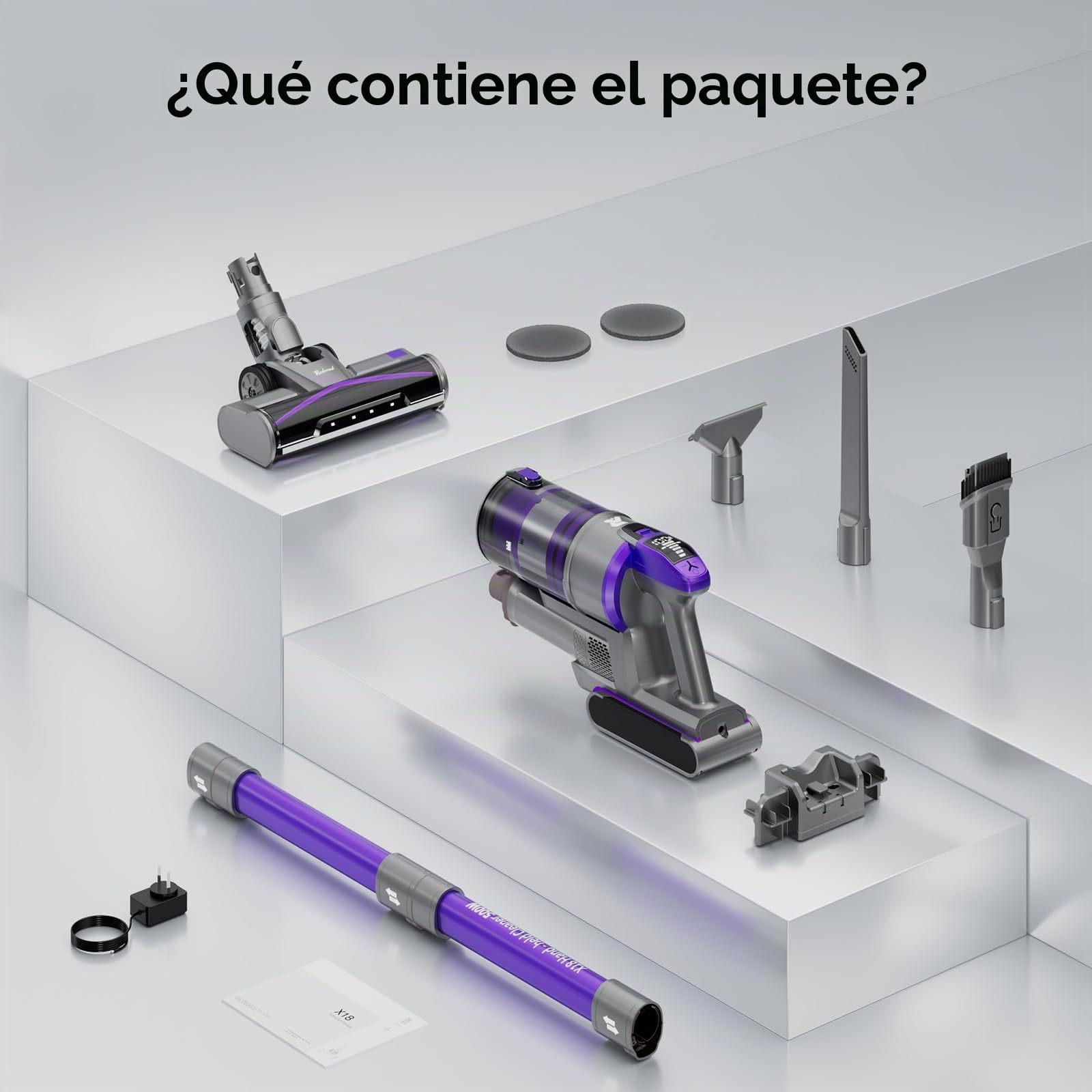 X18 Aspiradora inalámbrica, 33KPA/500W/65Min, Cepillo eléctrico inalámbrico 4 en 1 con 4 niveles de aspiración regulables, Aspiradora vertical potente para suelos, alfombras, pelo de animales