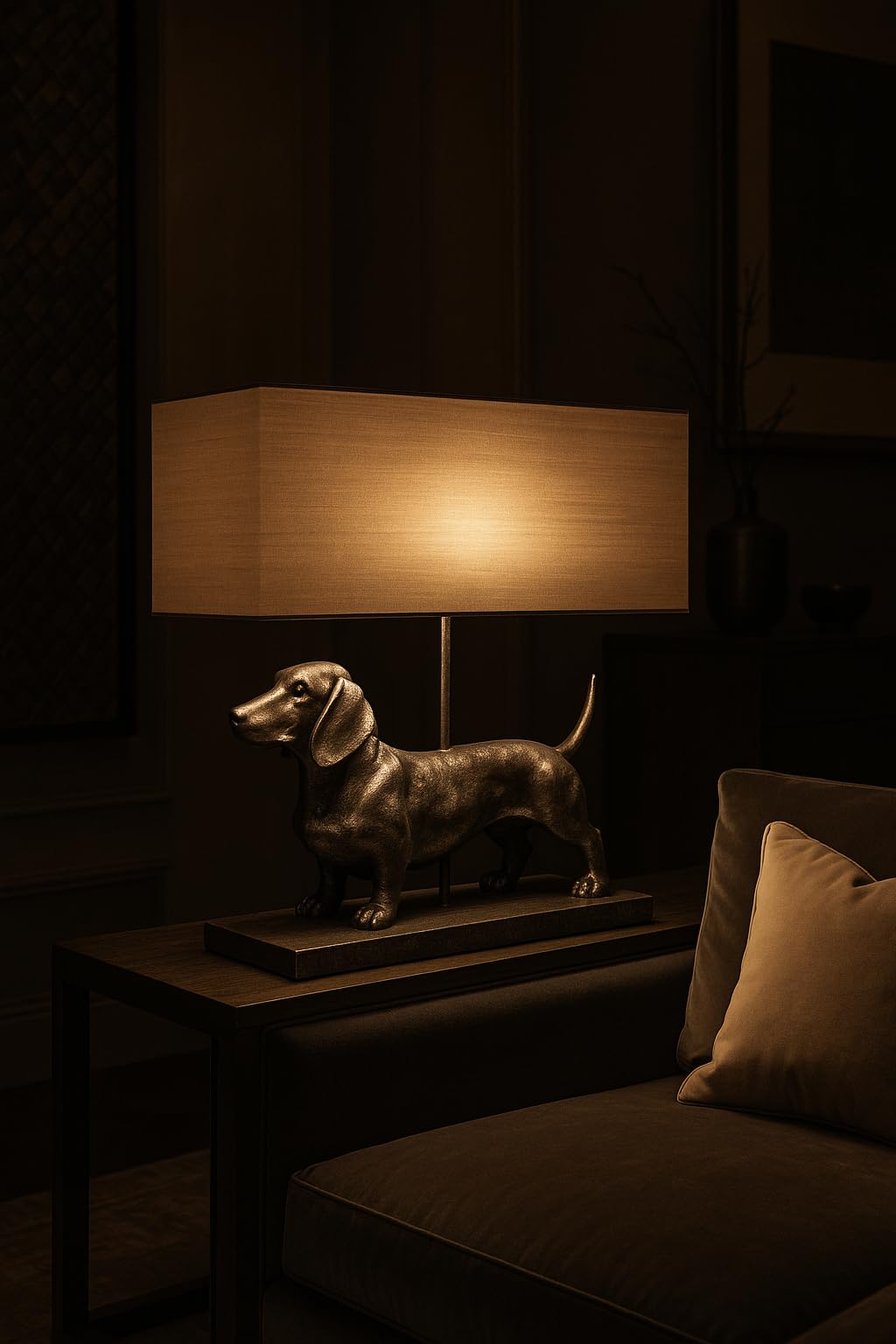 Tischlampe XXL Dackel Leuchte Hund 60cm Lampe Hundefigur Nachttischlampe Hundelampe cw195 Palazzo Exklusiv „VILLA CHARLY“ – Silber Dachshund mit Stoffschirm im englischen Stil