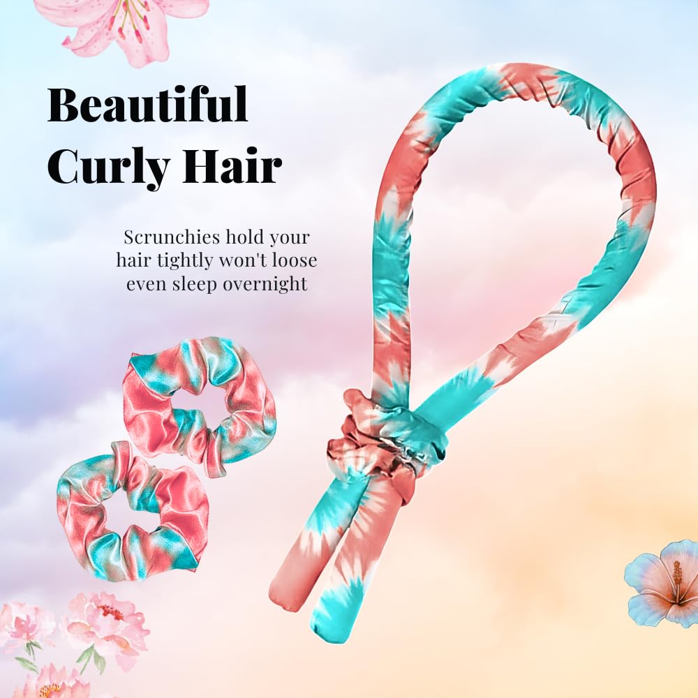 Heatless Hair Curler | 5PC No Heat Curling Rod Headband | With Satin Bonnet, Curler, 2 Scrunchies & Claw Clip Set | Curl Kit for Women & Girls (Cotton Candy, Medium)