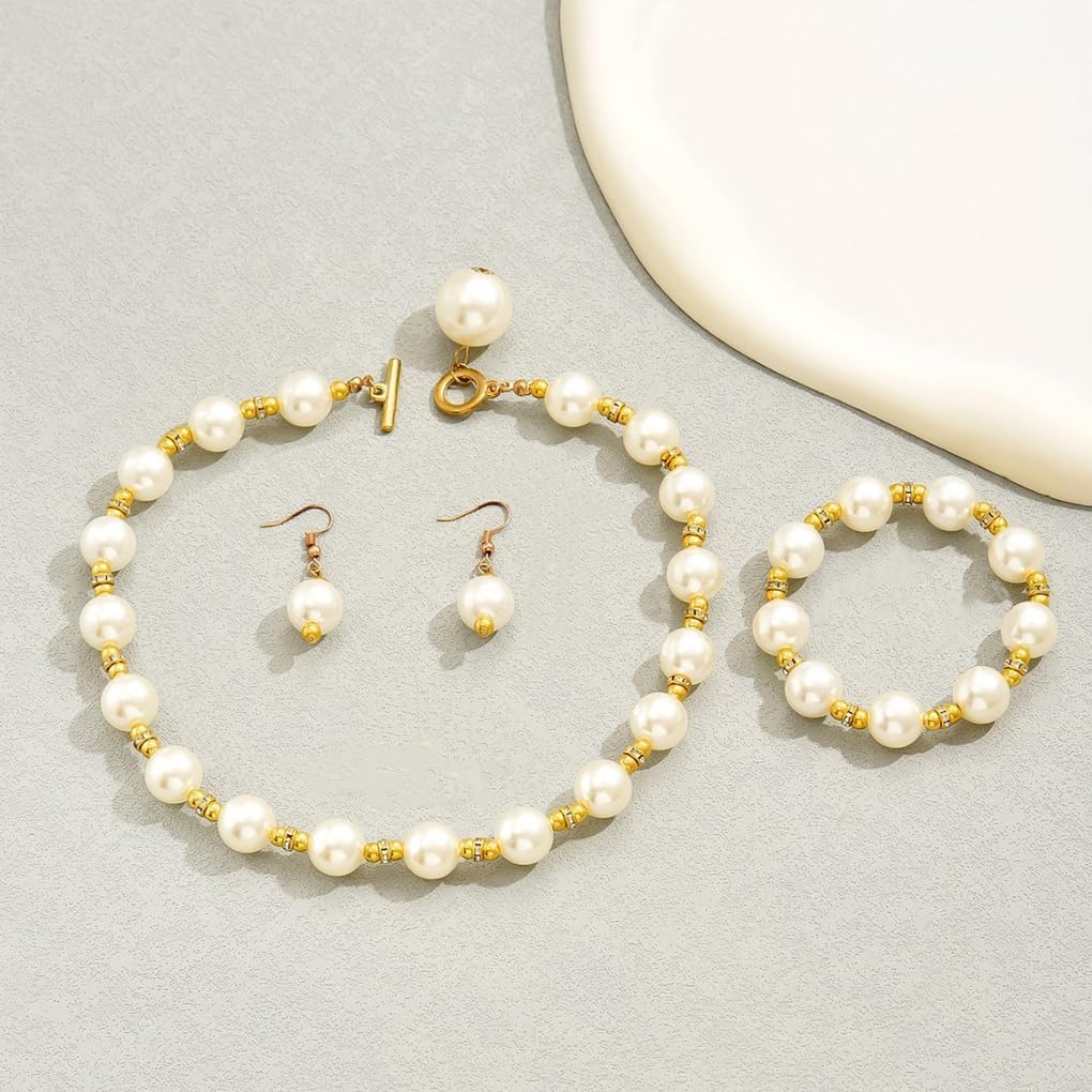 GIGB PBDK Chunky Large Pearl Necklace Jewelry Sets for Women Trendy Vintage Gold OT Choker Bracelet Earrings Set Toggle Buckle Beaded Necklace Wedding Accessory - Image 6