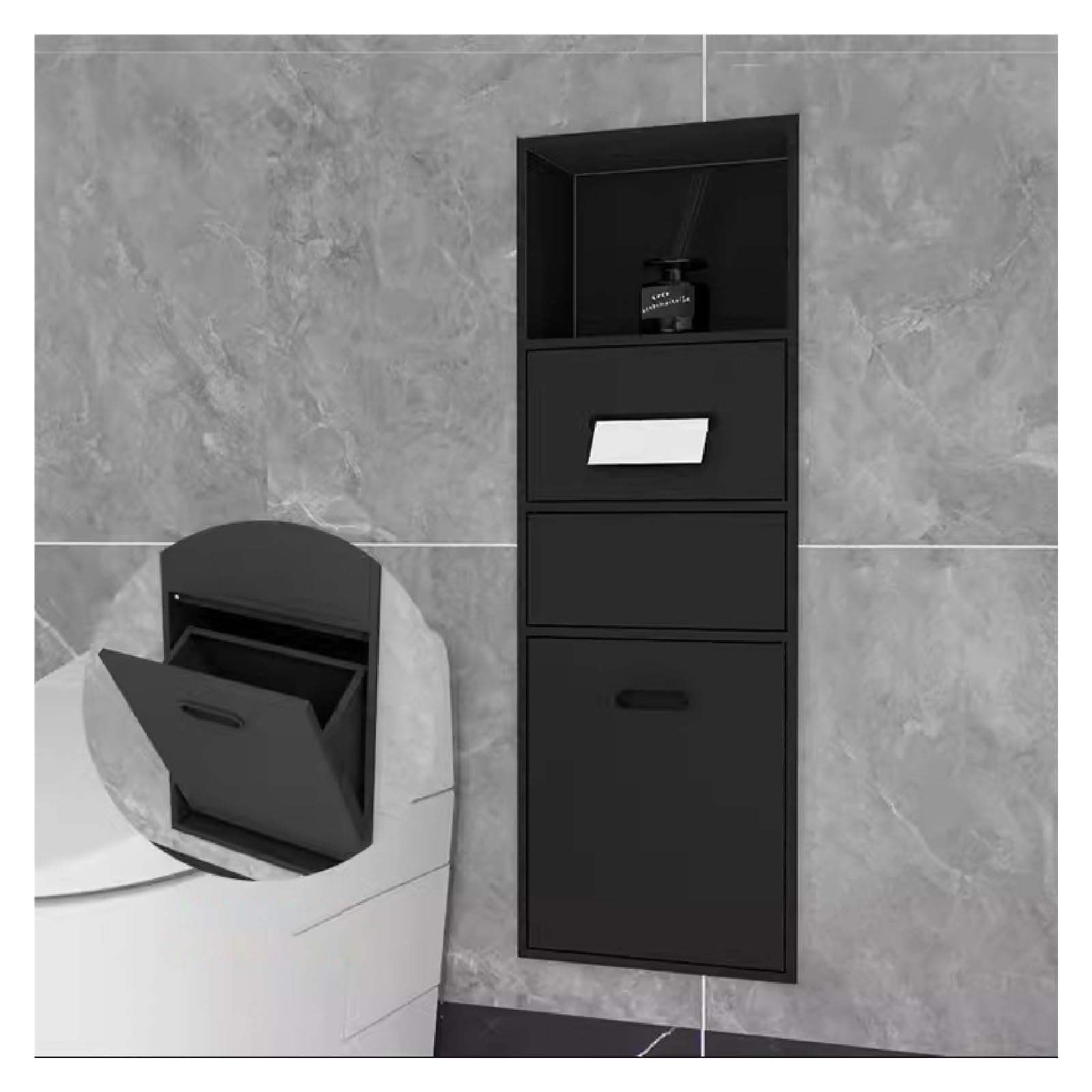 QUSYZD Stainless Steel Shower Nich, Waterproof Storage Toilet Paper Holder Shower Niche, Recessed Trash Can Alcove for Bathroom Storage/Shampoo/Toiletries,White-8,Black-86x30x14cm