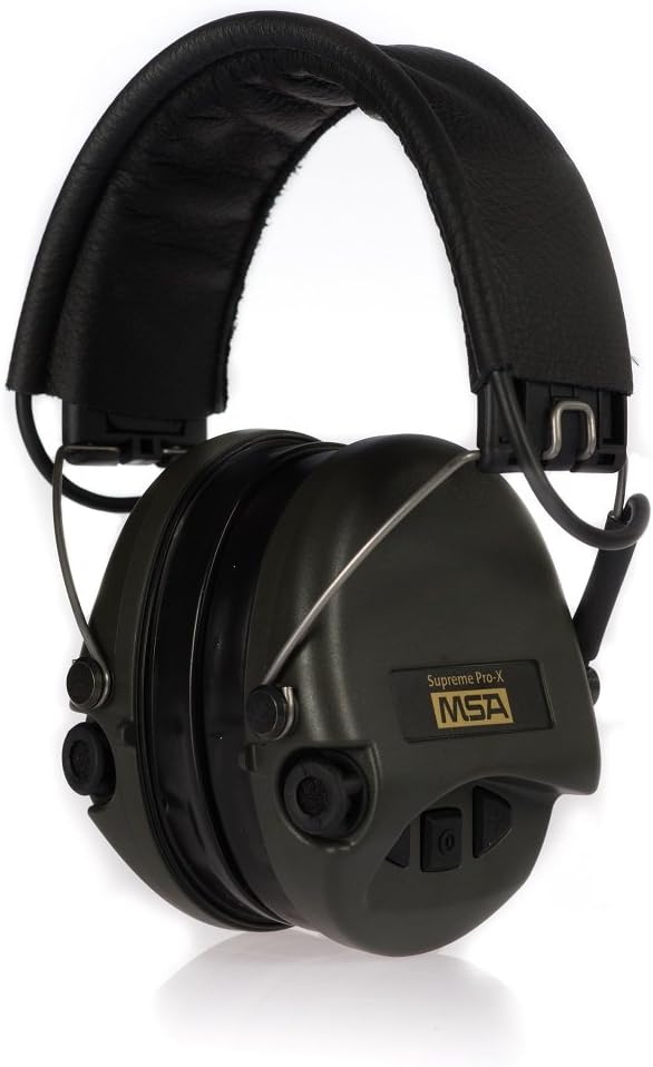 MSA Sordin Supreme Pro X - Premium Edition - Electronic Earmuff with black leather band, green cups and gel seals fitted