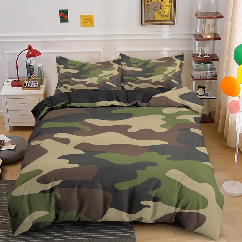 Housse De Couette Camouflage 140x200 - Microfibre Verte Militaire - Parure Complète