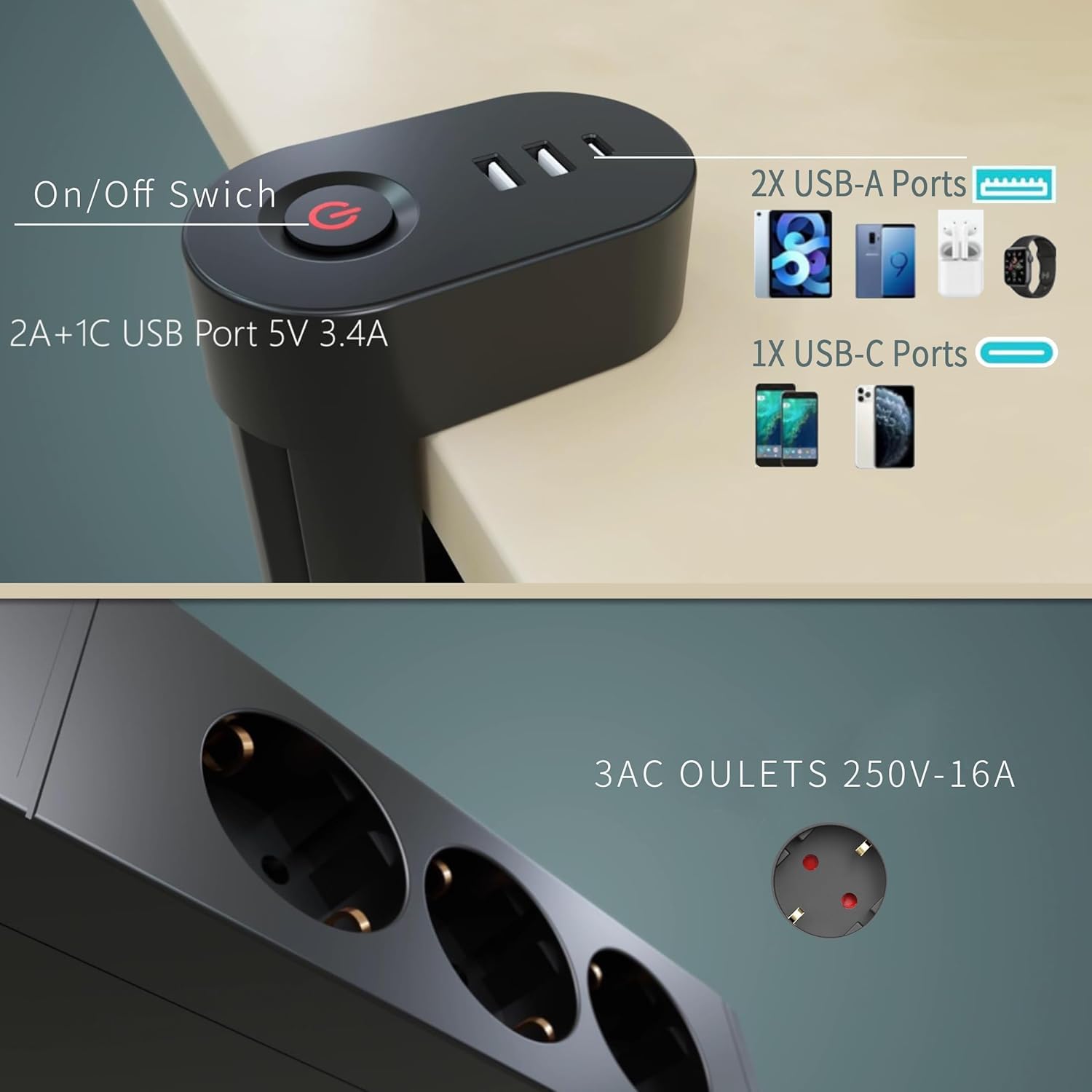 Steckdosenleiste 3 Fach mit 3 USB Ladeanschlüsse, Mehrlochsteckdose mit Tischclip (3680W) Steckerleiste USB(5V 3.4A,17W) mit 2M Kabel für Smartphones, Laptop, iPAD -Schwarz (Packung mit 2)