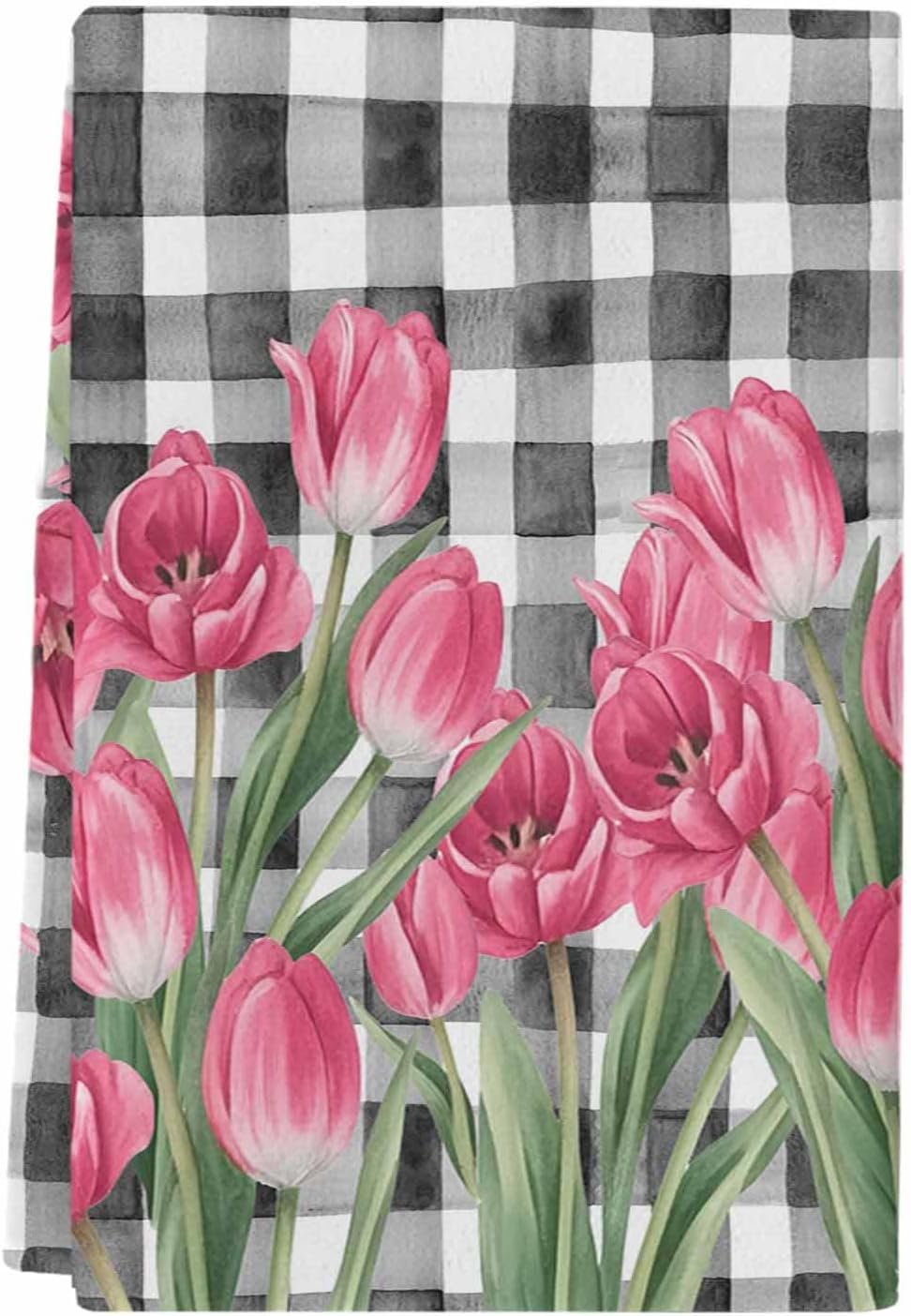 Kitchen Towels Spring Pink Tulips Absorbent Tea Towel Soft Hand Dish Towel Buffalo Plaid Black White Reusable Washable Cleaning Cloth Hand Bath Towels for Bathroom Bar for Everyday Cooking (Pack of 1)