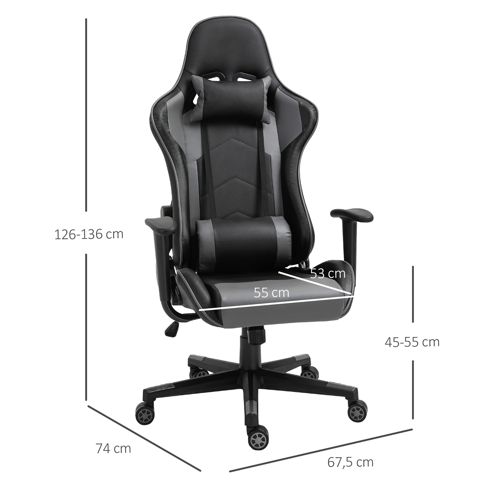 Vinsetto Ergonomiczne krzesło biurowe, fotel gamingowy, krzesło obrotowe, sztuczna skóra, pianka, MDF, czarne, 67,5 x 56 x 126–136 cm
