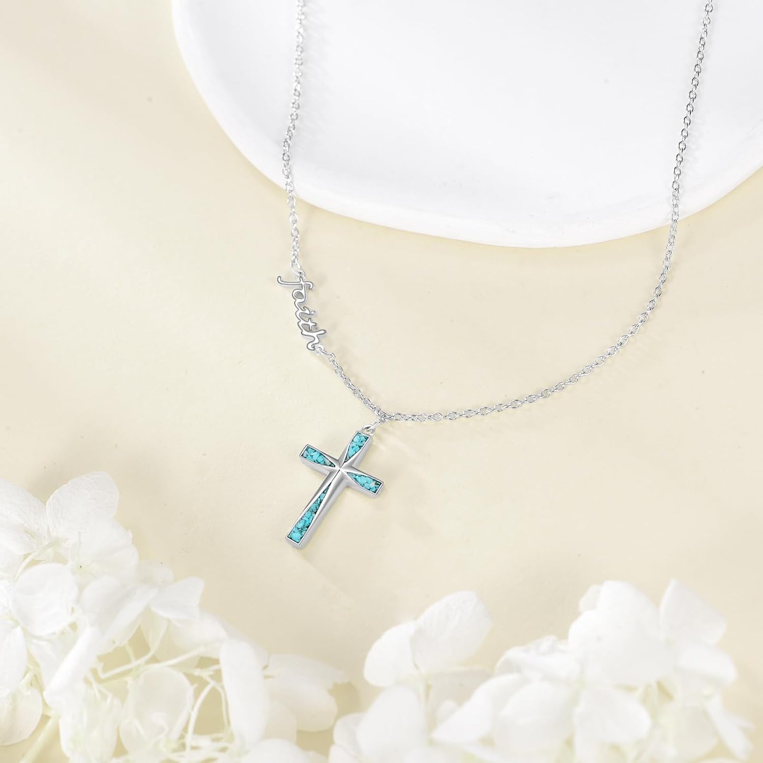 URONE Faith Cross Necklace 925 Sterling Silver Faith Pendant Necklace Turquoise Cross Jewelry Gifts for Women