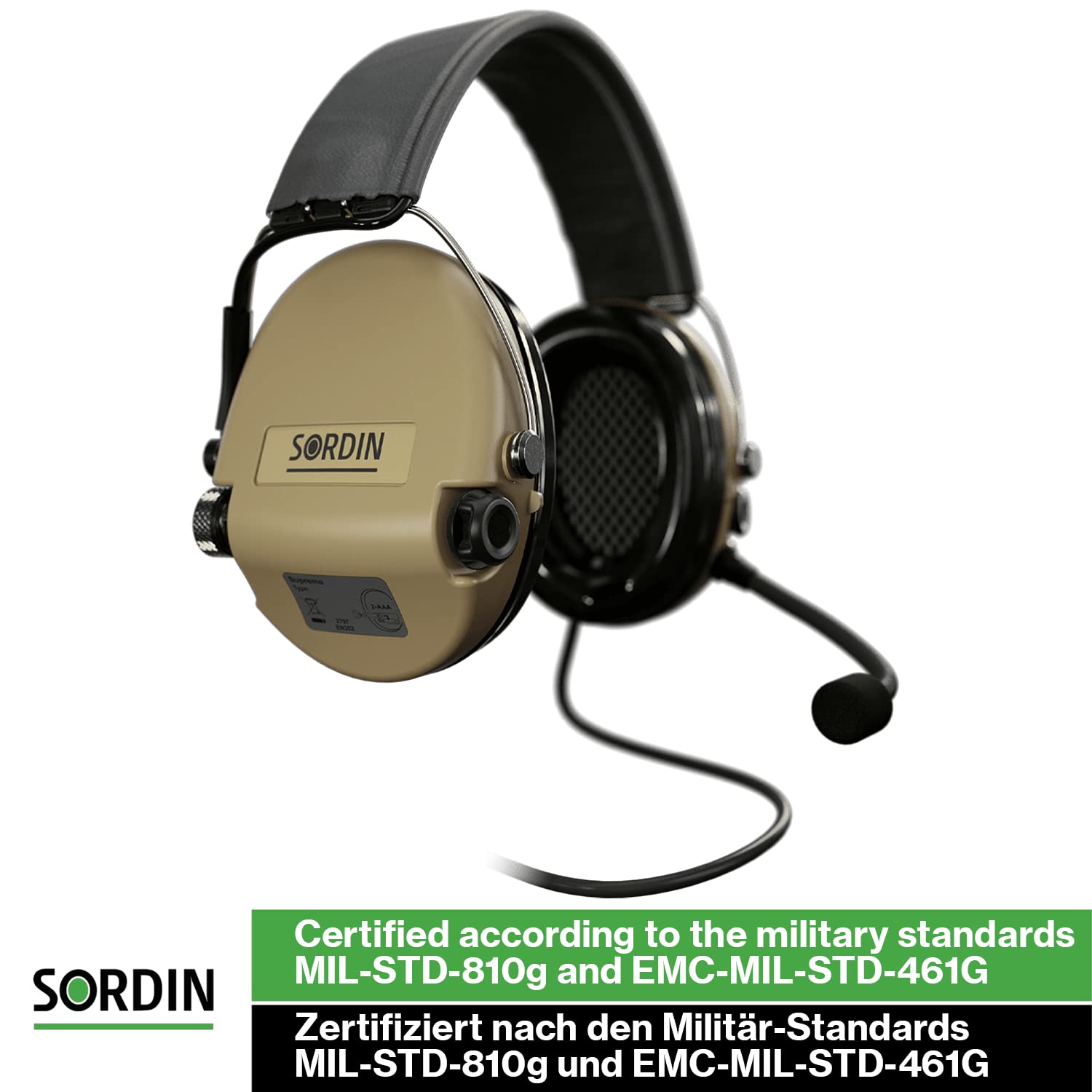 Sordin MIL CC Protección auditiva - Protección auditiva activa con cable Nexus - Micrófono Boom y banda de cuero, Cápsulas beige, Talla única