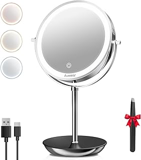 Comprar Auxmir Espejo Maquillaje con Luz Recargable, 30X/1X Aumento con USB 1800mAh Espejo Metálico Giratorio 360°, 3 Colores y Brillo Regulable para Baño Tocador, Plateado