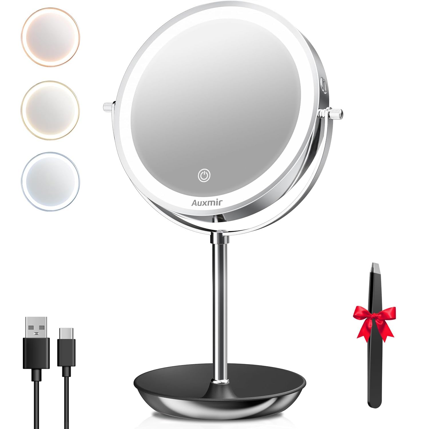 Auxmir Espejo Maquillaje con Luz Recargable, 30X/1X Aumento con USB 2000mAh Espejo Metálico Giratorio 360°, 3 Colores y Brillo Regulable para Baño Tocador Afeitado, Plateado