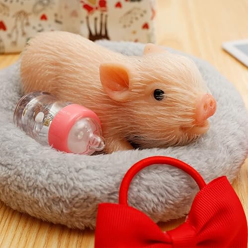 Miniatura 2 de Full Silicone Body Animals Pigwith Pig Bowknot Nursing Bottle and Sleeping Pad 5 Inch Black Spot A Tea Cup PigCute Realistic Piglet Mini Baby Piggy
