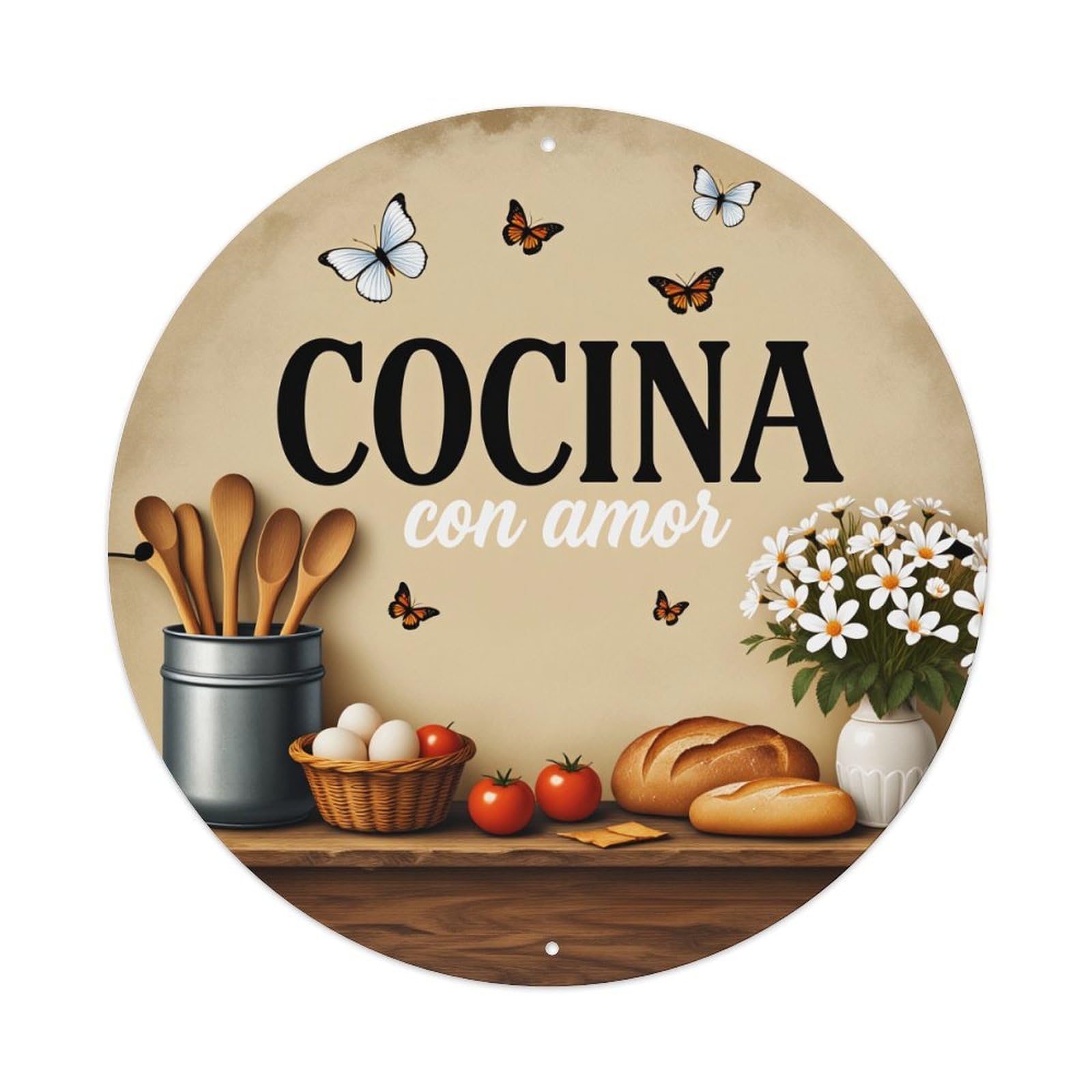 Cook With Love Butterflies Kitchen Round Tin Sign Vintage Metal Poster Retro Bar, Home, Man Cave, Kitchen, Laundry Room Wall Art Decor Gift 8x8Inch