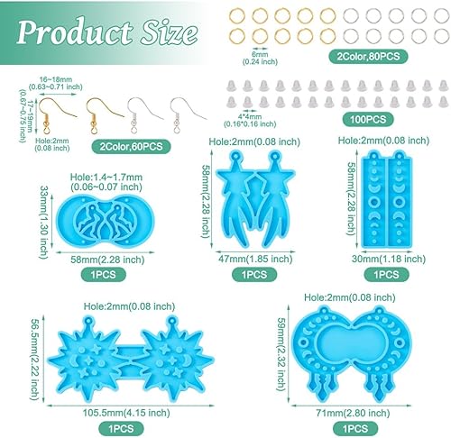 Miniatura 4 de Boutigem Molde de silicona para pendientes, molde de fundición con colgante de fase lunar y estrellada, molde de resina con ganchos franceses,