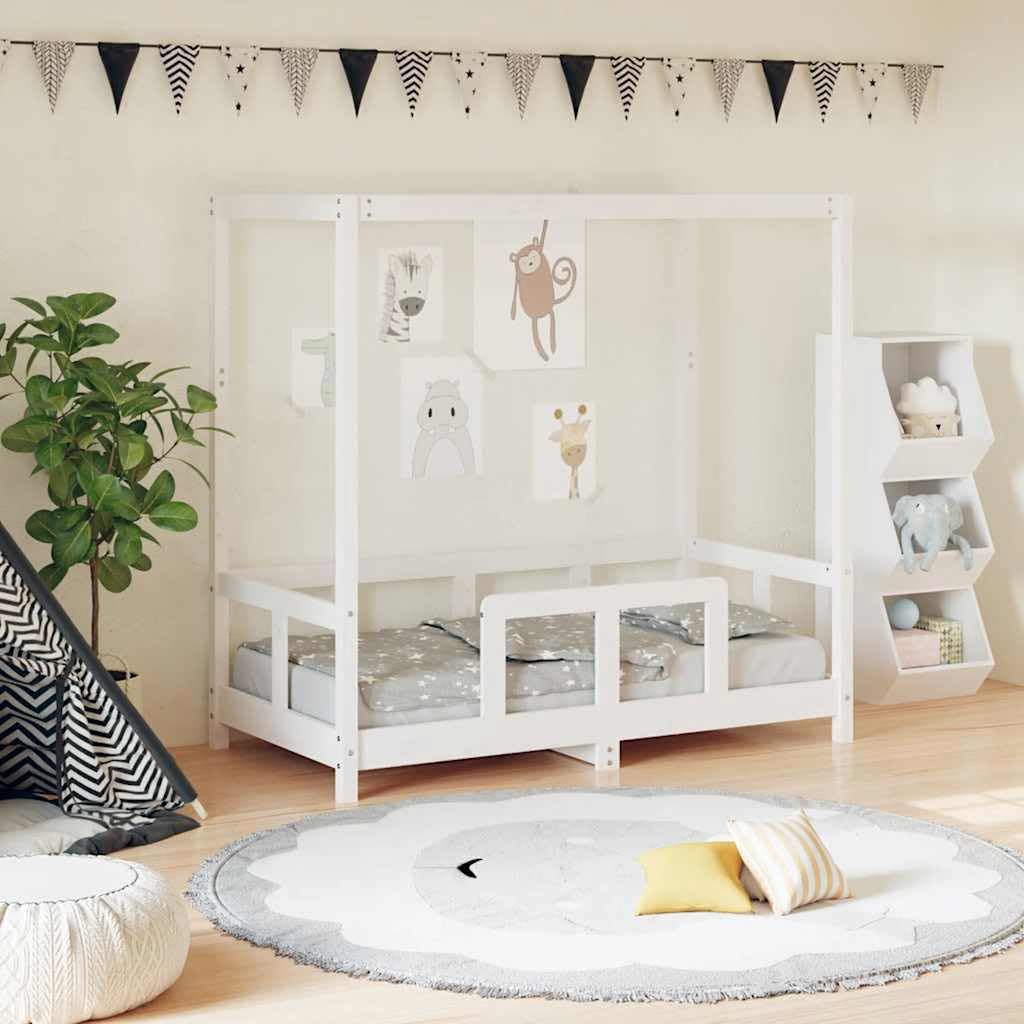 Kinderbett Weiß 70x140 cm Massivholz Kiefer mit Lattenrost stabiles Gitterbett für Kinderzimmer niedrige Höhe Baldachin-Design sicherer Schlafplatz