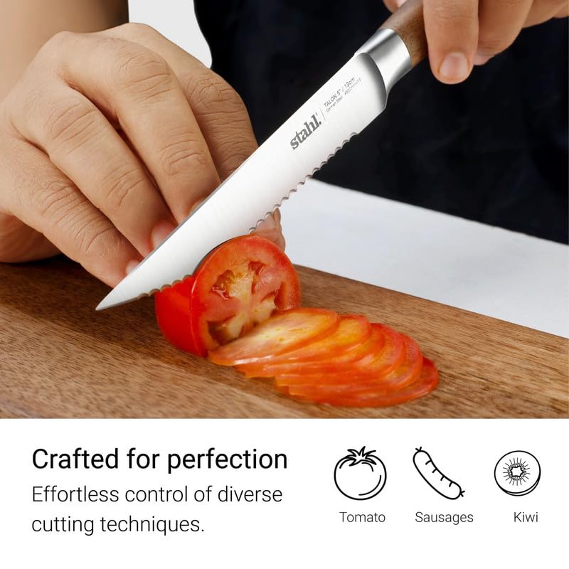 Image of Stahl 5 Inches / 13 cm Talon Stainless Steel Tomato Steak Knife with Walnut Wood Handle, for Chefs Kitchen Restaurant