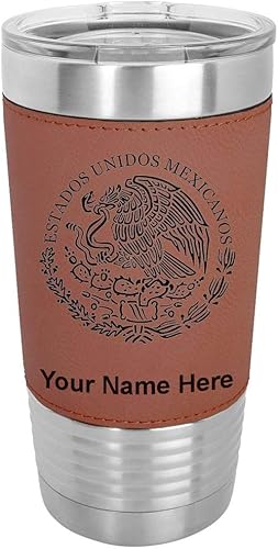 LaserGram Vaso aislado al vacío de 20 onzas, bandera de México, grabado personalizado incluido (piel sintética, marrón oscuro)